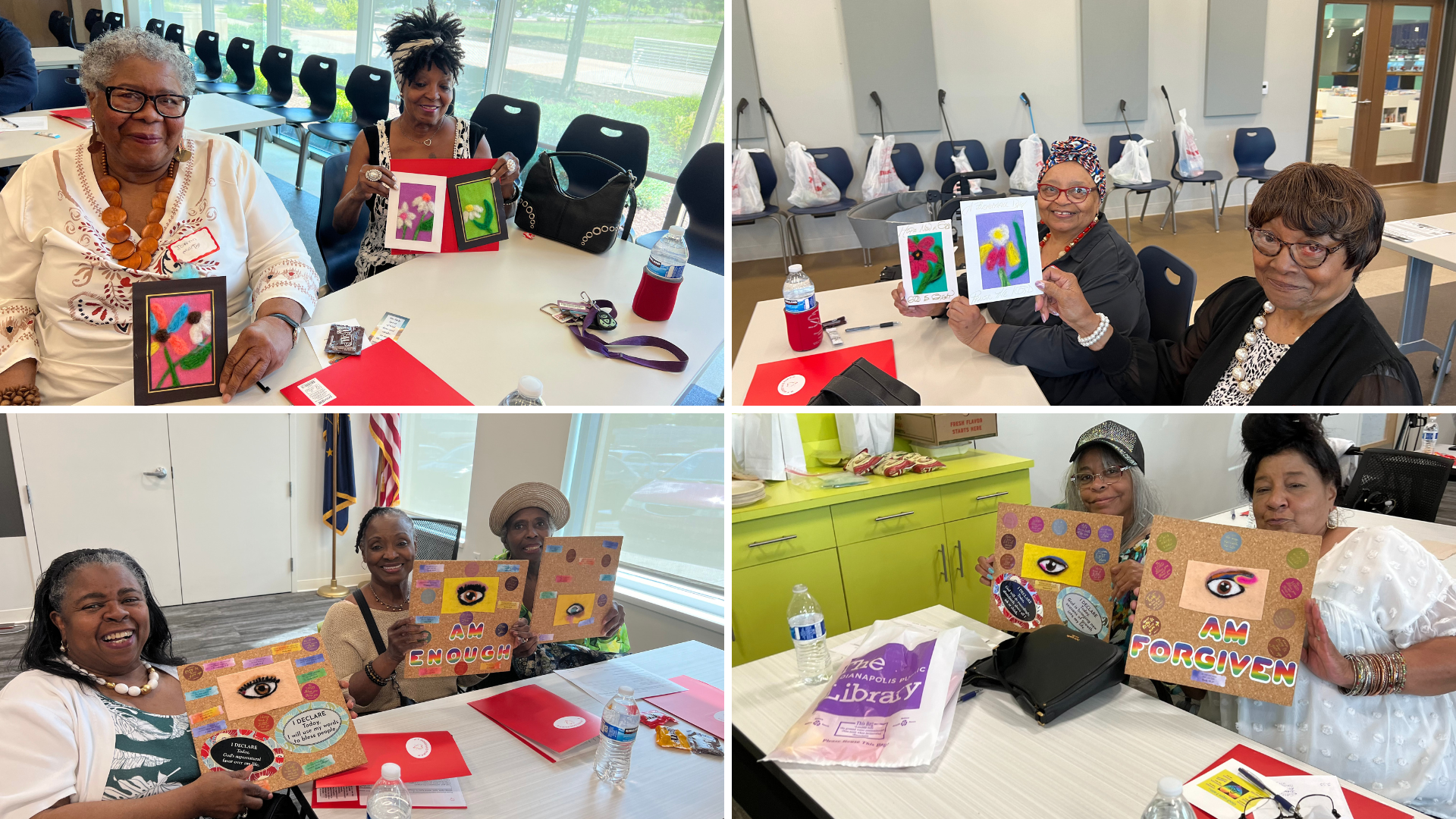 Seniors proudly display their colorful artwork in a bright room.